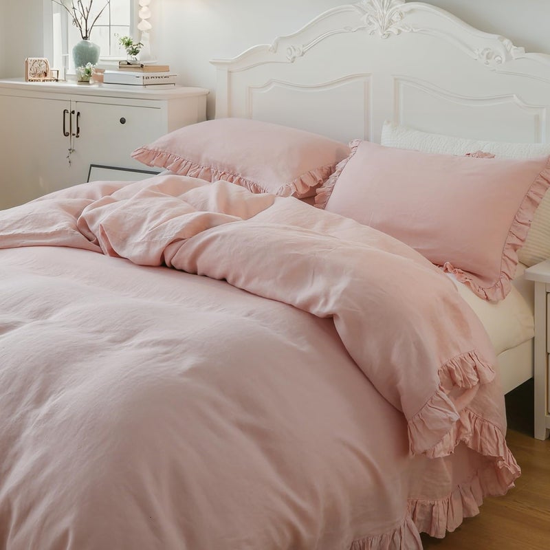 Simple&Opulence 100% Linen Duvet Cover Set, 3 PCS Natural French Flax Blush Pink Ruffle Duvet Cover Queen Size, Breathable Comfy Linen Bedding Comforter Cover with 2 Pillowcases(Blush Pink, 88" X 92") - Image 2